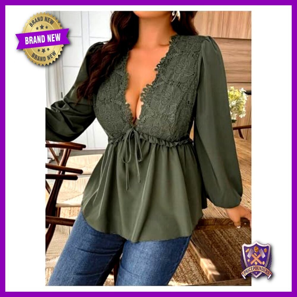 Plus Size Lace Blouse Deep V Neck Long Sleeve Peplum Ruffle Hem Tops - Picture 4 of 5
